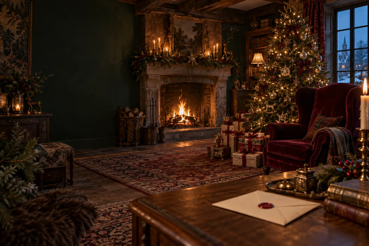 A red velvet armchair, a fireplace, and a lit Christmas tree in Santa’s house